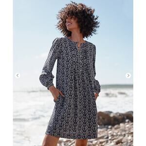Garnet Hill SZ XL Shiloh Crêpe Dress Navy Vintage Geo Pockets 500797